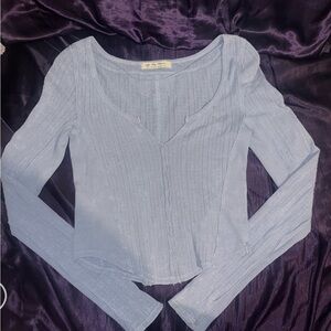 We The Free People Baby Blue Ribbed Knit V-Neck Long Sleeve Top 100% Cotton